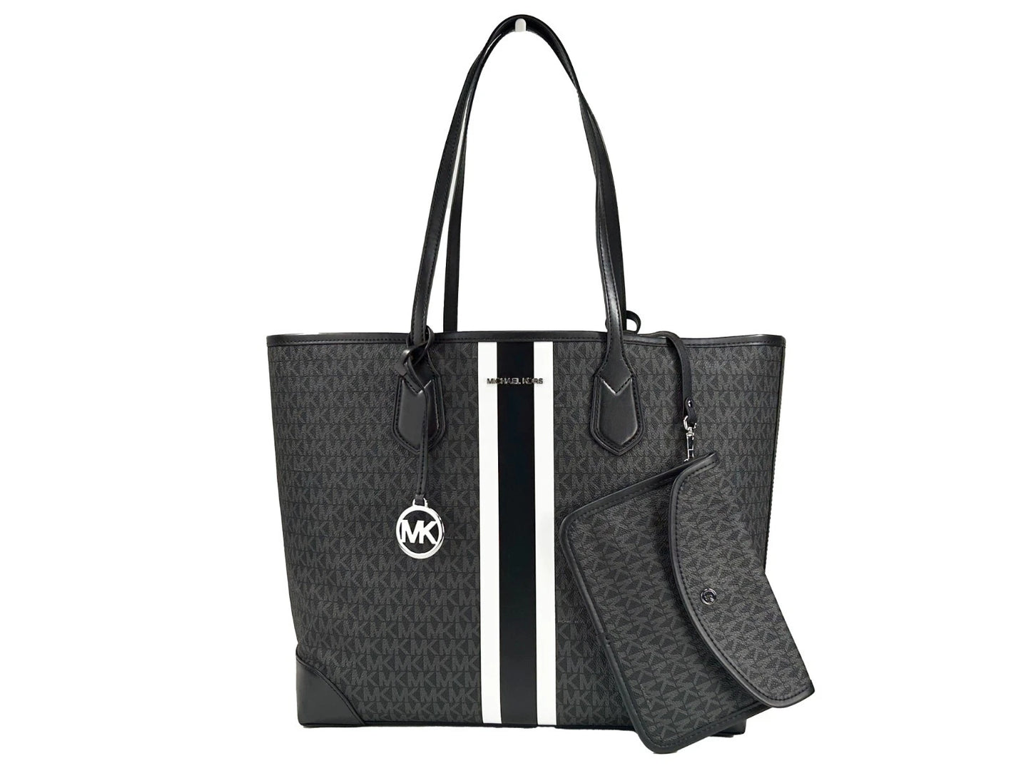 Michael Kors Eva Large Stripe Travel Tote Bag Plus Pouch Black