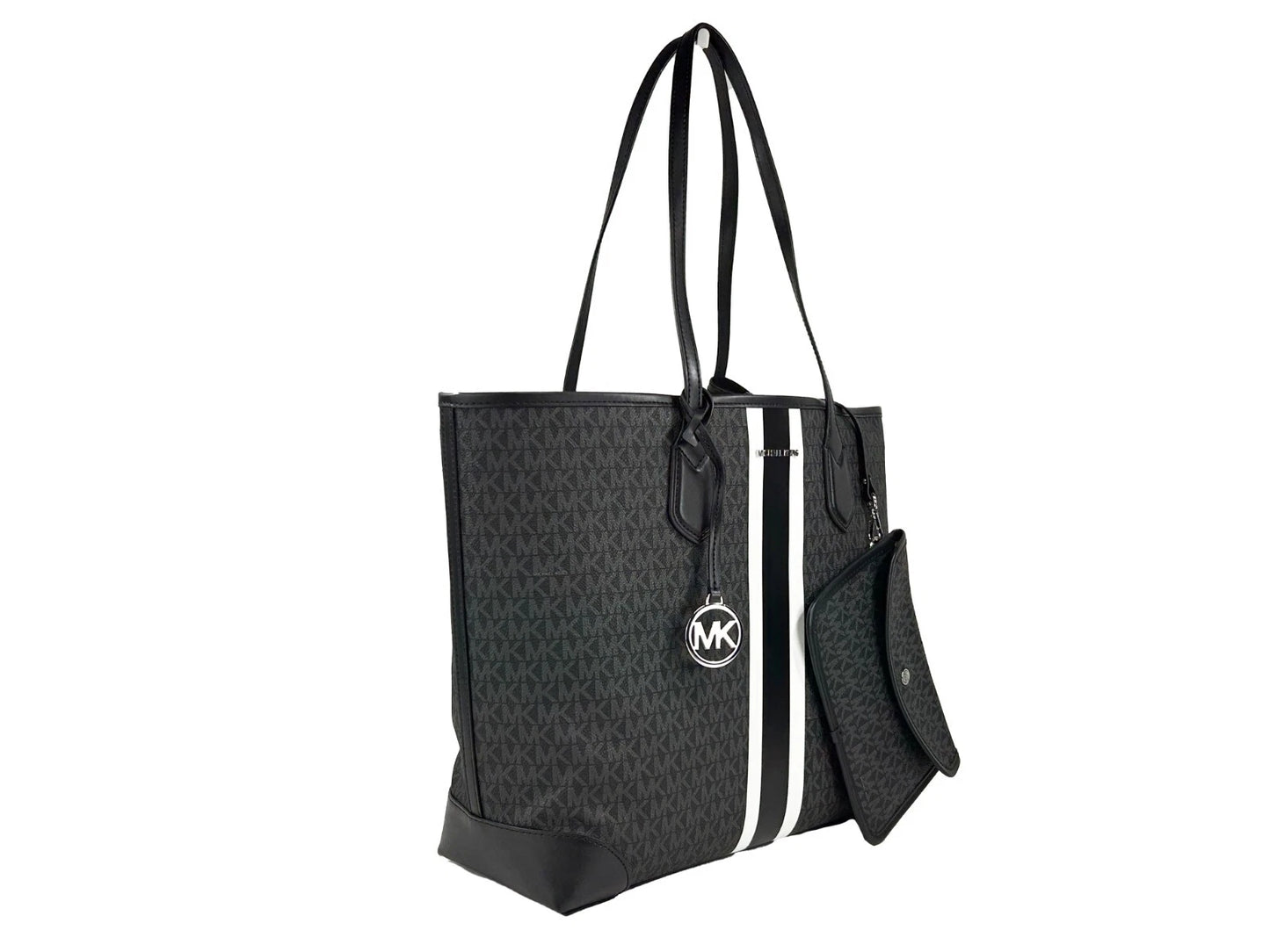 Michael Kors Eva Large Stripe Travel Tote Bag Plus Pouch Black