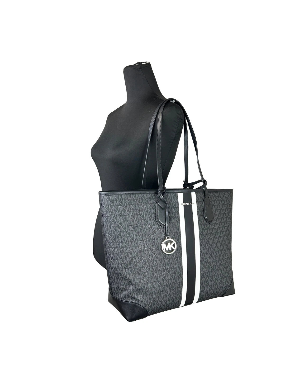 Michael Kors Eva Large Stripe Travel Tote Bag Plus Pouch Black