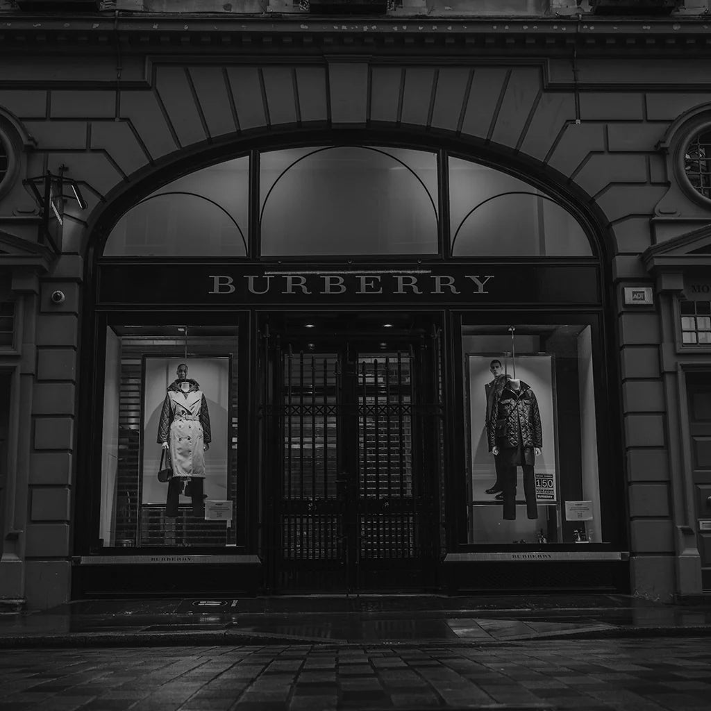 A high-resolution image of the Burberry store exterior in Central London, showcasing the brand's iconic facade and architectural design. 
