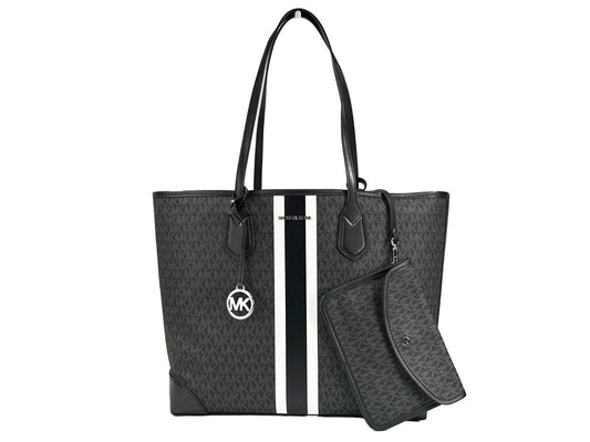 Michael Kors Eva Large Stripe Travel Tote Bag Plus Pouch Black