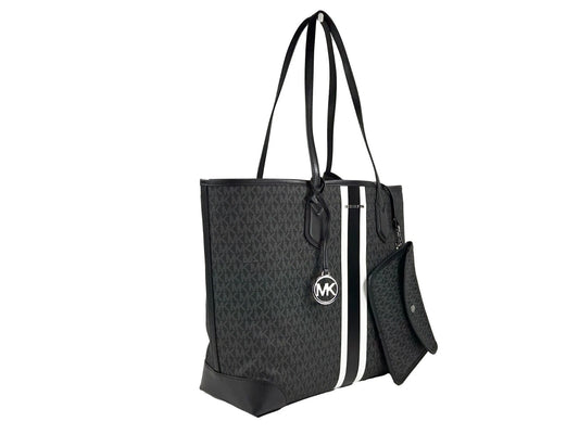 Michael Kors Eva Large Stripe Travel Tote Bag Plus Pouch Black