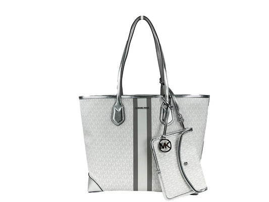 Michael Kors Eva Large Stripe Travel Tote Bag Plus Pouch White