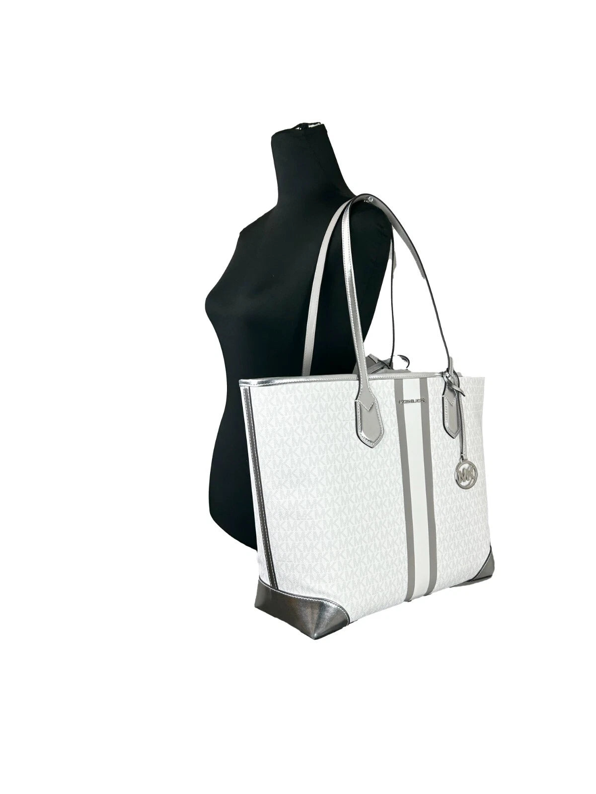 Michael Kors Eva Large Stripe Travel Tote Bag Plus Pouch White