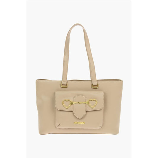 Moschino LOVE Faux Leather Maxi Front Pocket Tote Bag with Heart Clam